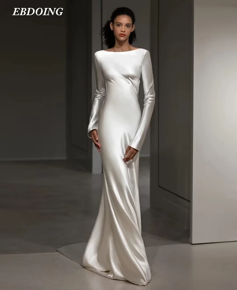 Vestido De novia De satén con manga larga y espalda abierta, vestido De novia De talla grande