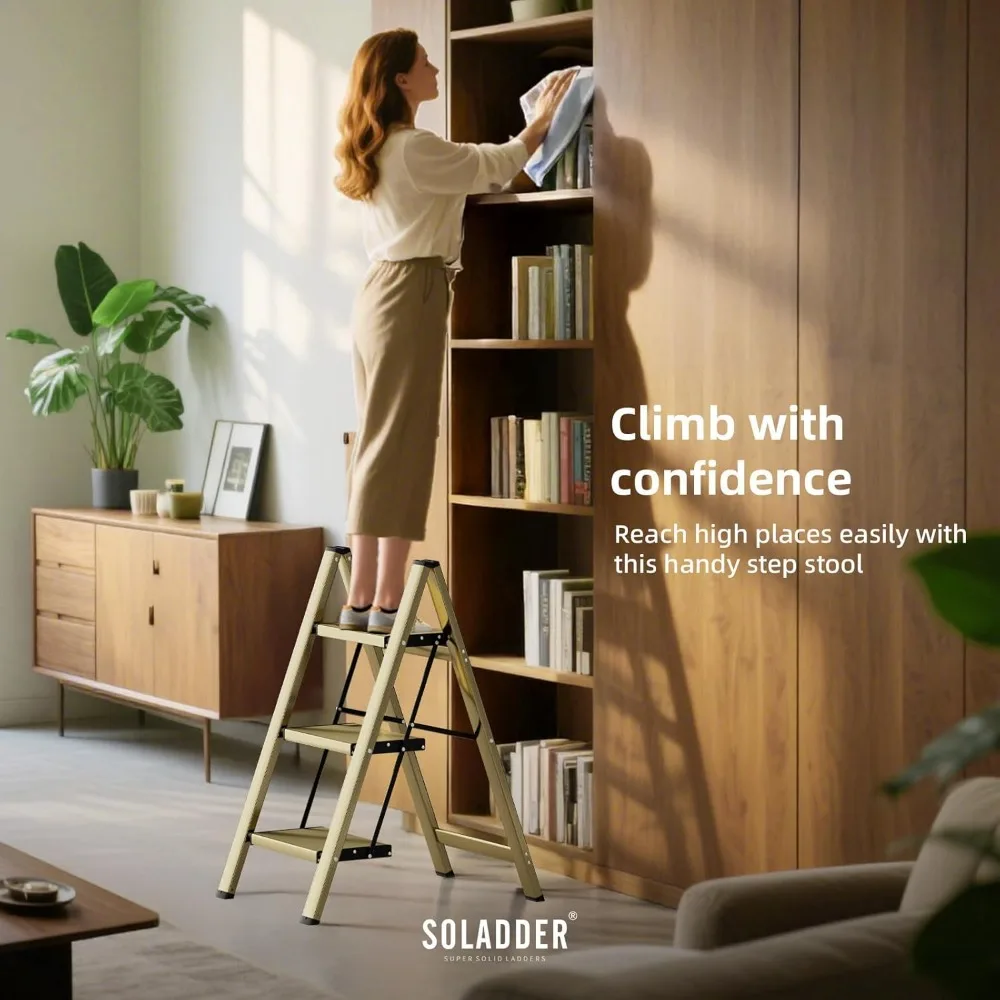 3-Stufen-Leiter, rutschfeste und leichte faltbare Trittleiter für Erwachsene und Kinder zur Verwendung in der Küche, Schrank und Bibliothek, 300 Pfund (Gold).