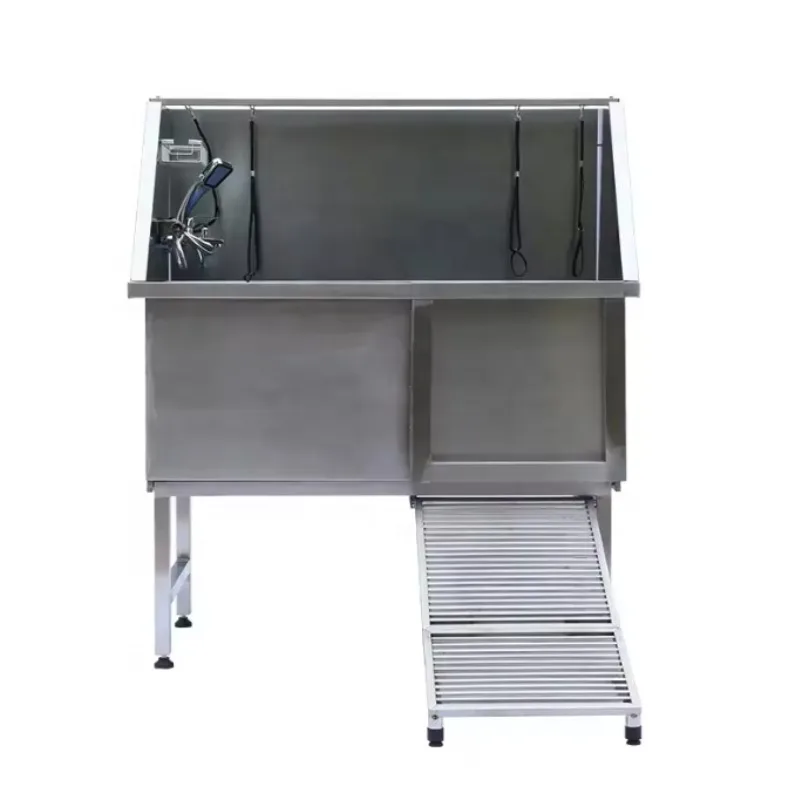 Professional stainless steel dog bath with step faucet and pet grooming walk-in ramp
