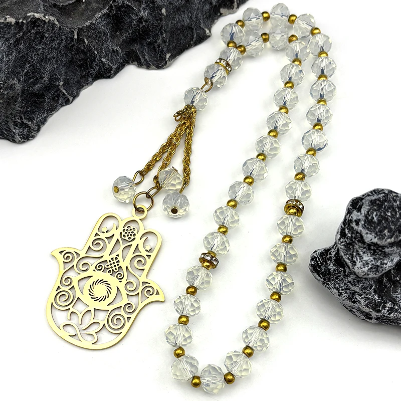 

Hamsa Hand Muslims Judaism Hollow Car Pendant for Women Hand of Fatima Lotus Flower Stainless Steel Islamic Chain Jewelry Gift