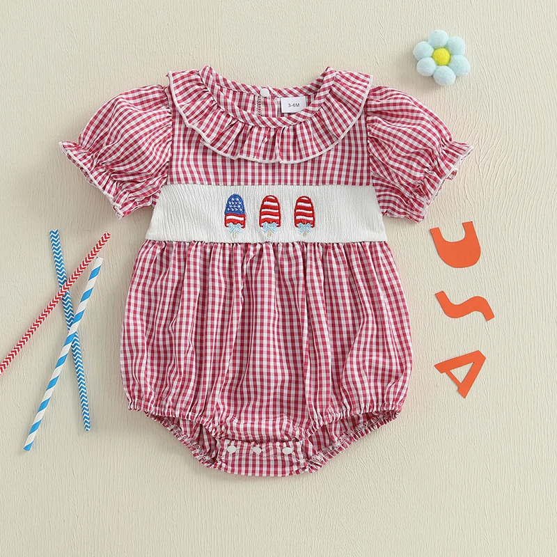 

Newborn Baby Girls Romper Short Sleeve Crew Neck Plaid Embroidery Popsicle Summer Jumpsuit for Independence Day