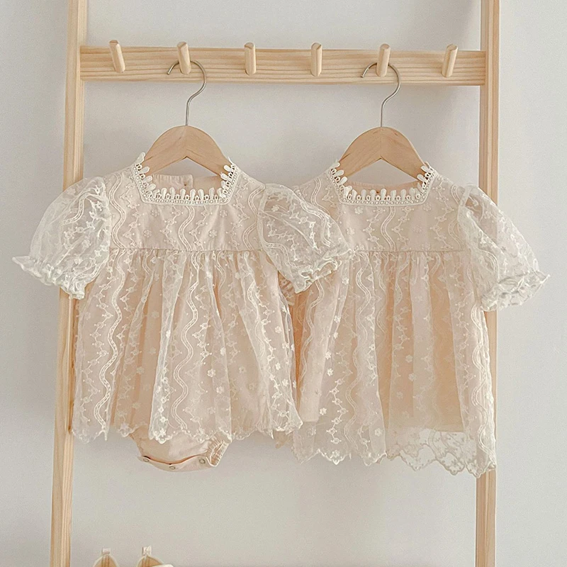 Summer Newborn Baby Girls Sweet Jumpsuit Toddler Baby Girls Short Sleeves Lace Kids Princess Dress Girls Sister Clothes