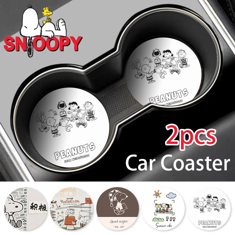 2pcs Snoopy Car Cup Coaster Cartoon Anime Universal Anti Slip Water Bottle Pads Cups Mat Auto Interior Decoration Accessories