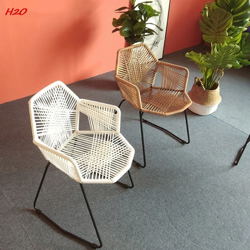 H2O Woven Single Chair Nordic Modern Simple Home Balcony Outdoor Garden Table Chair Rattan Chair Metal Back Dining Chair