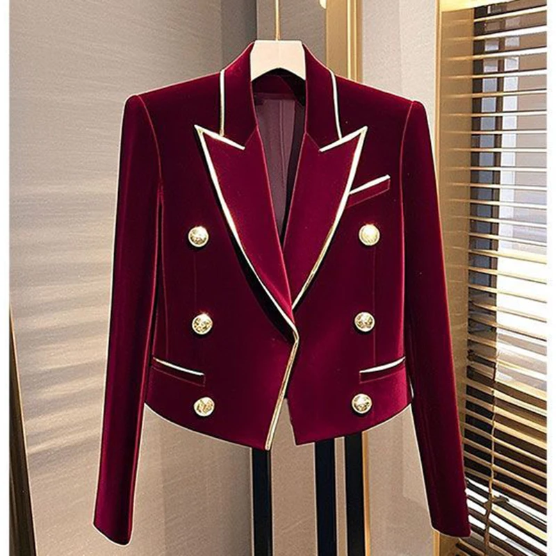 This Year's Popular Beautiful Wine Red Velvet Jacket Women's Autumn Winter High-End Short Luxury Top Double Breasted Casual Coat