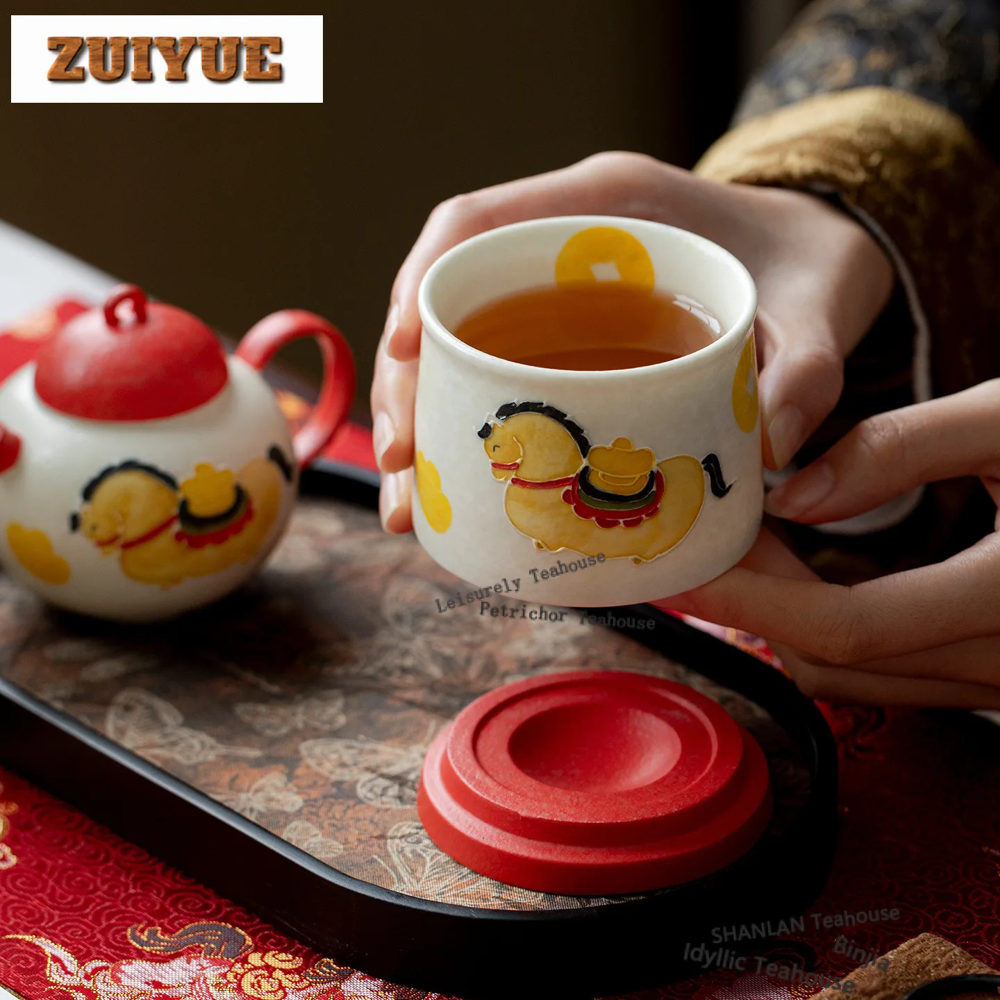 160ml Hand Painted Horse Get Wealth Rotating Teacup Antique Tea Bowl Mug Tea-tasting Meditation Cup Chazhan Master Cups Cafes