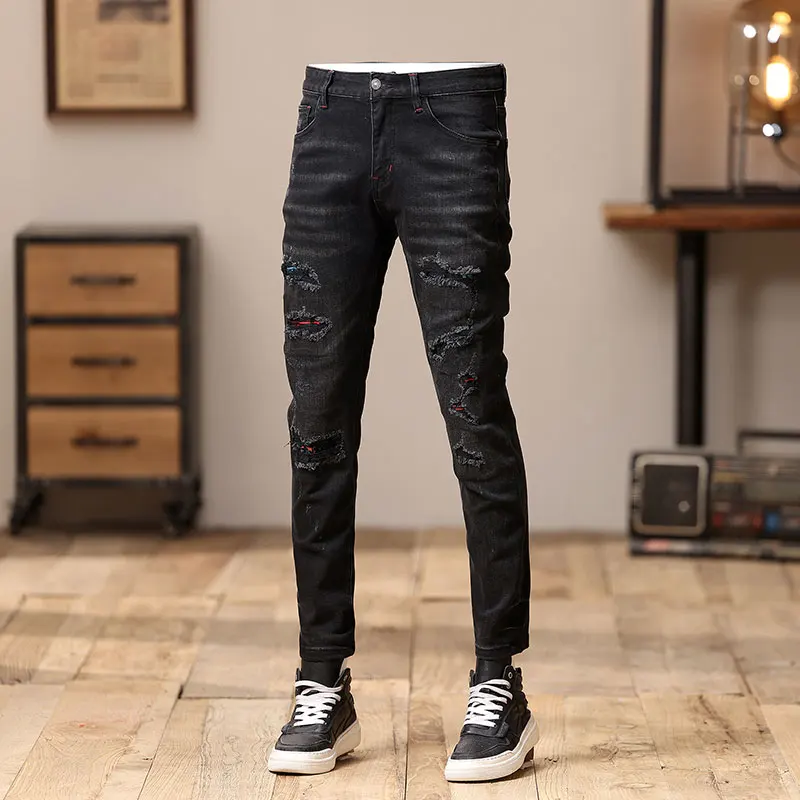 Street Fashion Men's Black Jeans Elastic Tight Retro Split Jeans Men's Patch Designer Hip Hop Jeans Pencil Pants Hombre