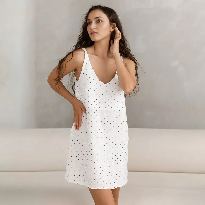 

Лето 2022, глубокий V-образный вырез, новый стиль, дышащая ночная рубашка из чистого хлопка с принтом «Любовь», ночная рубашка на подтяжках, женская домашняя одежда