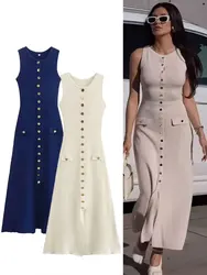 Dress For Women 2024 Knitted Solid Sleeveles O Neck Slim Single Breasted Long Dresses Pockets Chic Elegant Woman Dress