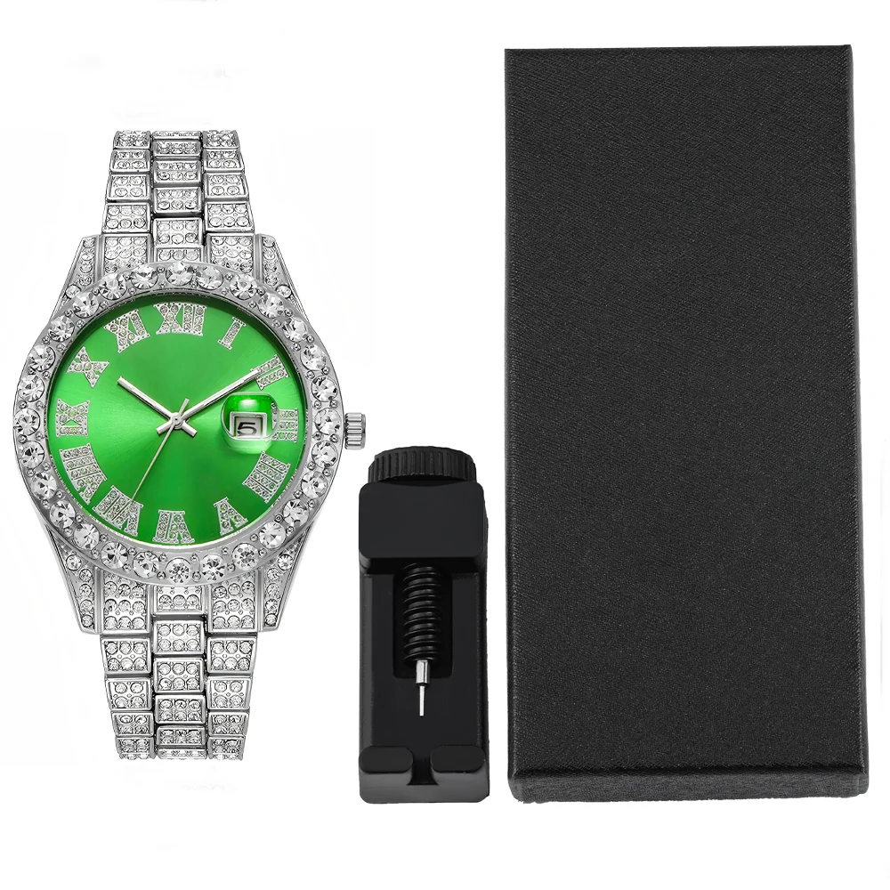 2-teiliges Hip-Hop-Punk-Uhrenset mit Diamantbesatz, runde Luxus-Herrenuhr, glänzendes Schmuckgeschenk mit Armbandversteller für Damen, Alltagskleidung – Detail 4