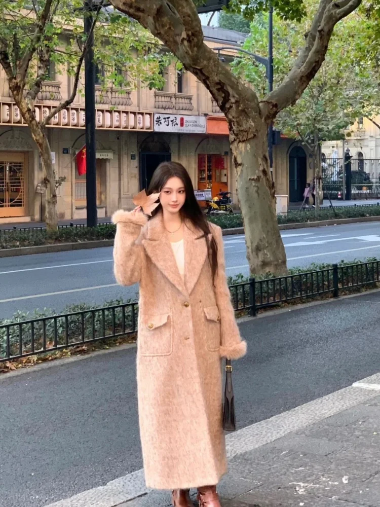 

Retro Long Woolen Coat Soft Plu Collar Trendy Winter Faionable Versatile Loose Fit Korean Sle Button Splice Pure Color