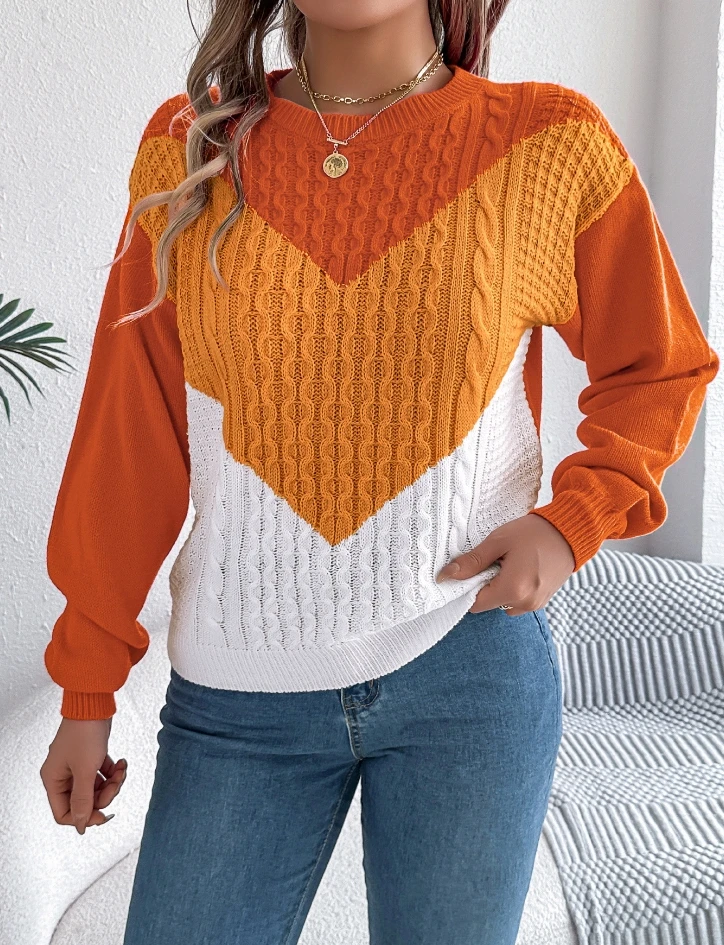 Women Sweater Casual Color Blocking Fried Dough Twists Lantern Sleeve Pullover Sweater Temperament Commuting Retro Sweater