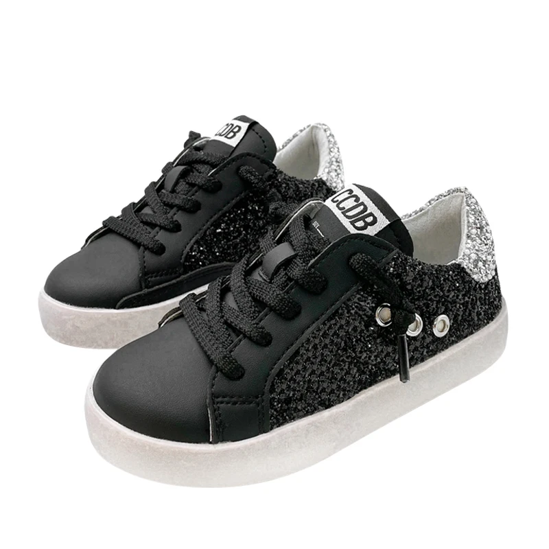 Nuovo Design scarpe nere per bambini 2024 moda GG scarpe Casual da ragazzo per bambini scarpe da ginnastica in pelle per bambini con Glitter stella