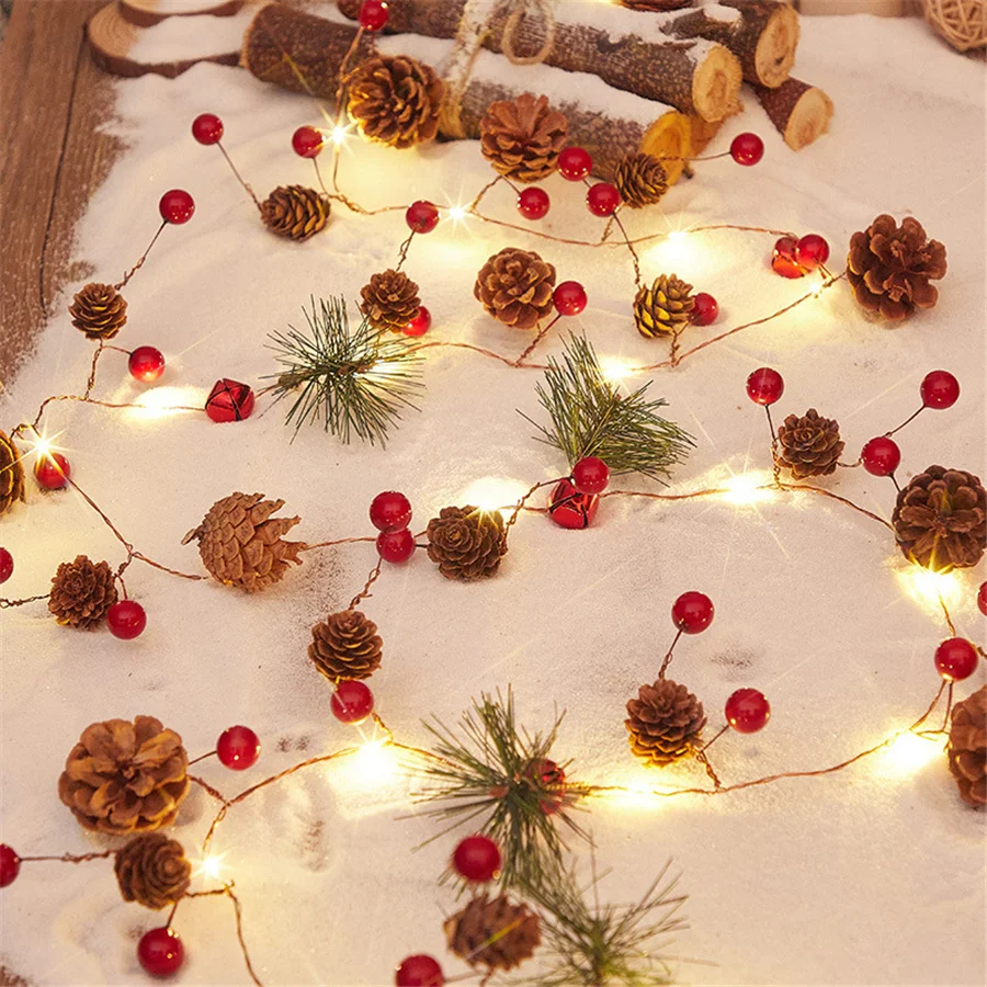 Creative LED Pinecone Christmas String Lights Battery Operated Berry Bell Garland Fairy Lights for Xmas Tree Wedding Party Decor