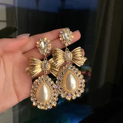 FYUAN Vintage Gold Color Bowknot Crystal Earrings for Women Oversize Water Drop Pearl Dangle Earrings Statement Jewelry