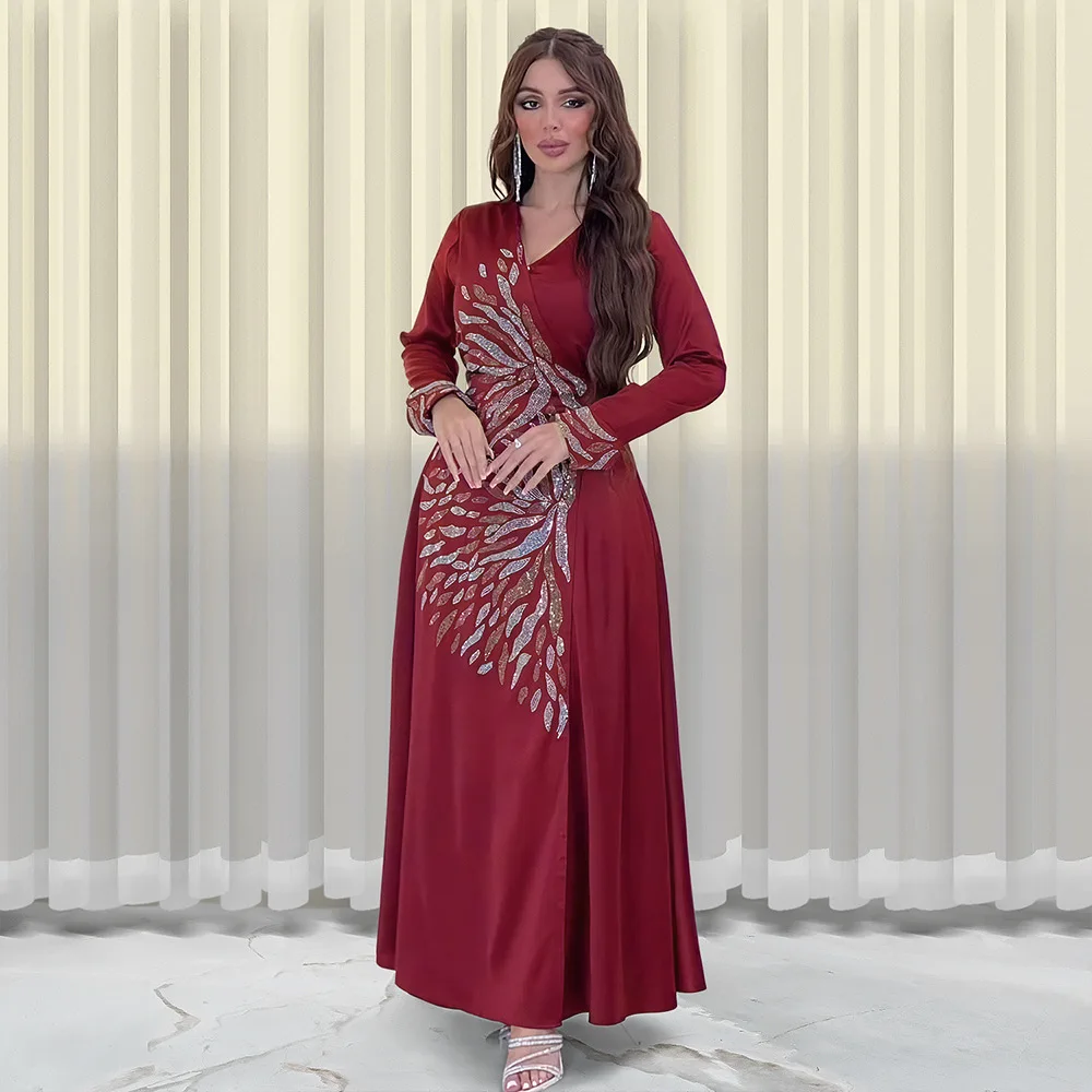 Muslim Fashion Hijab Dubai Abaya Long Dresses Stylish diamond abaya satin evening dress  Turkey Eid Abaya Femme Musulman 500177