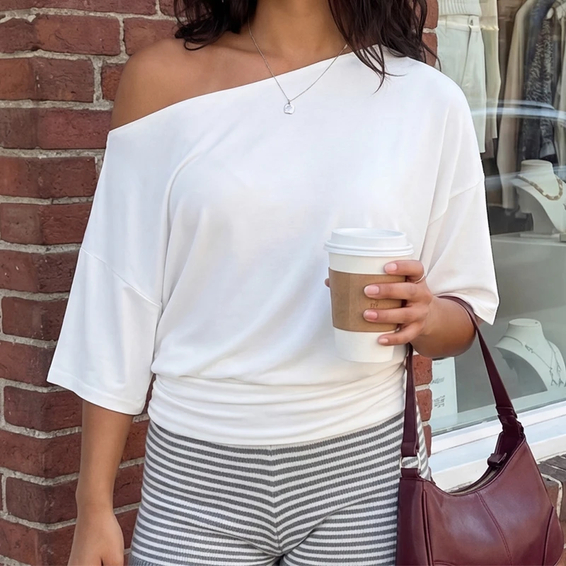 Women Y2K Off Shoulder Short Sleeve T-Shirt Elegant Ruched Cinched Waist Crop Top Summer Going Out Workout Tees Streetwear