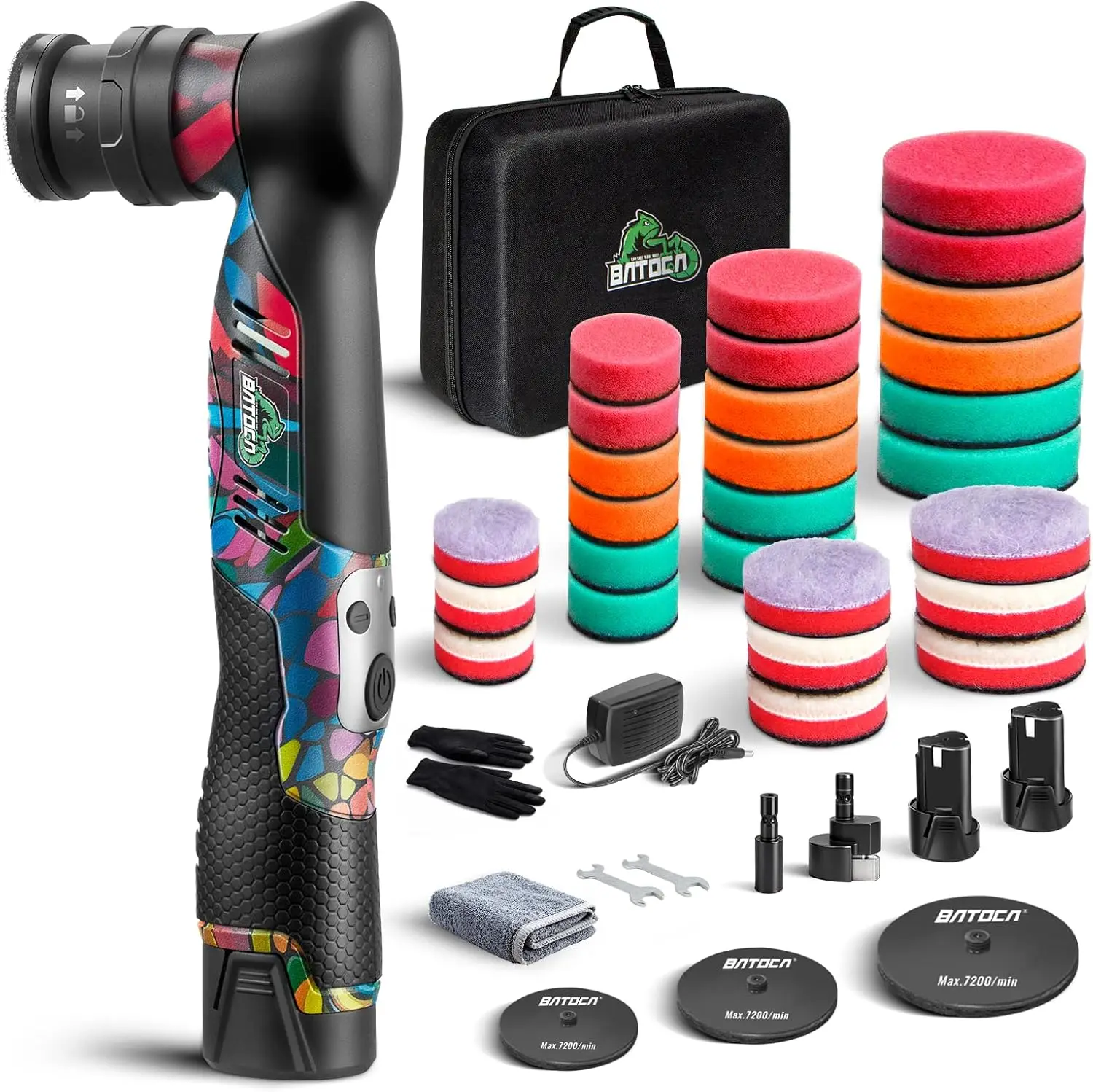 

Cordless Mini Car Polisher Buffer Sander Dual Action Rotary Machine with 1-3inch Pads and 2 Batteries, 2000-5500RPM