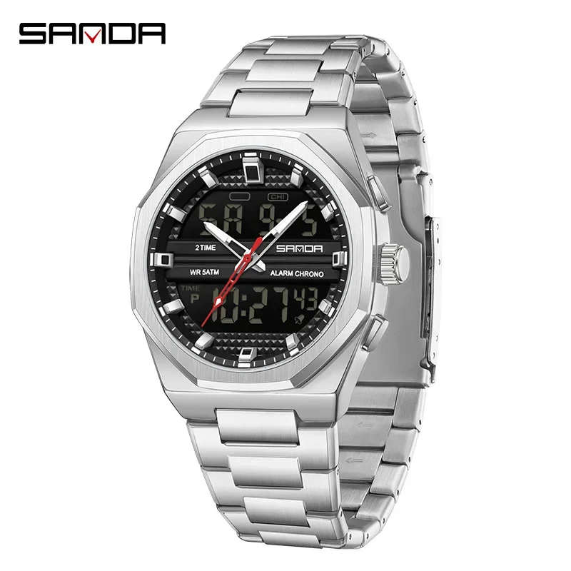 SANDA double display electronic watch business casual classic men's watch two places time luminous waterproof sports watch