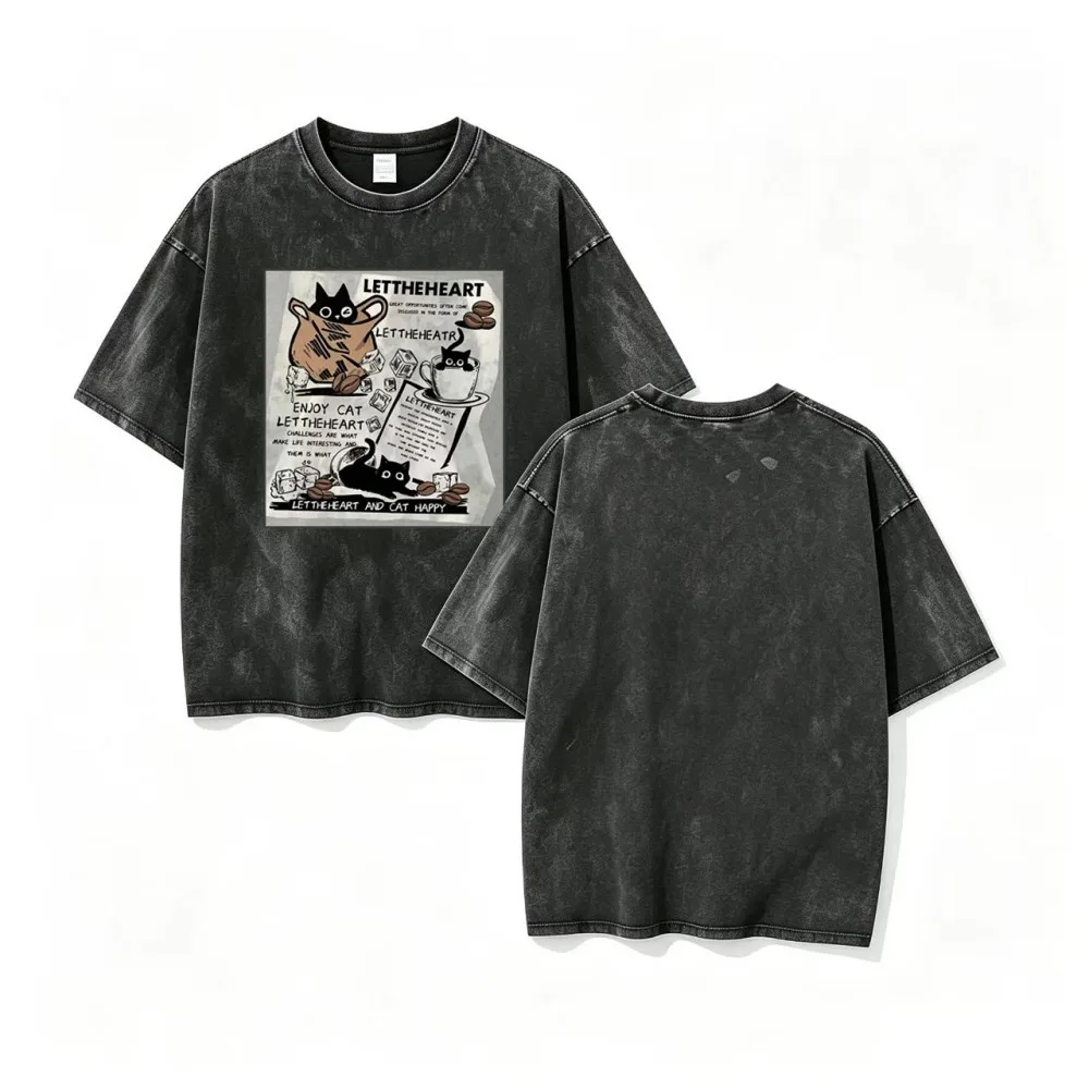 High-quality Men's Retro Casual T-shirt - Street Style Cotton Short-sleeved Washed Shirt - Pocket Cat-patterned Boyfriend T-shir