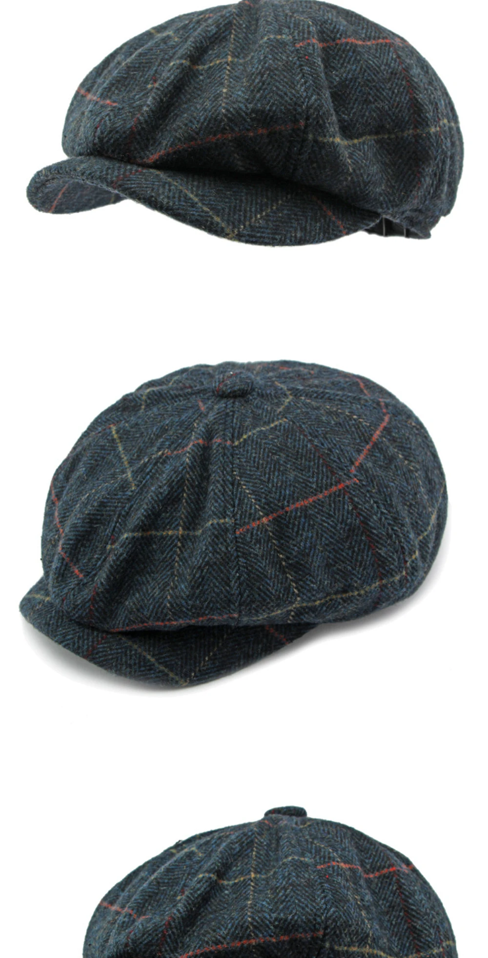 HT4255 Baskenmützen für Männer und Frauen, Retro-Künstler-Malermütze, karierte achteckige Ivy-Flachmütze für Herren und Damen, Herbst-Winter-Wollmütze – Detail 5