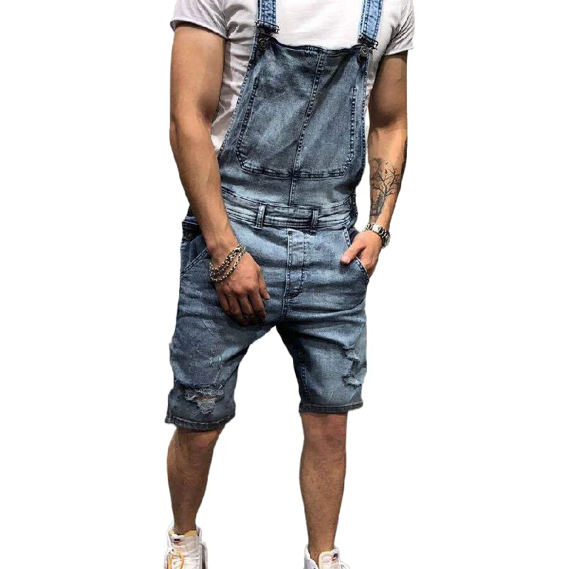 

Men's High Street Ripped Short Denim Bib Overalls Fashion Streetwear Workwear Jeans Jumpsuits Distressed Suspender Shorts