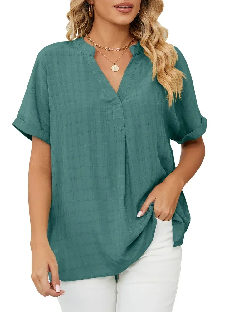 

Women's Short Sleeve V-Neck Chiffon Tops, Solid Tops