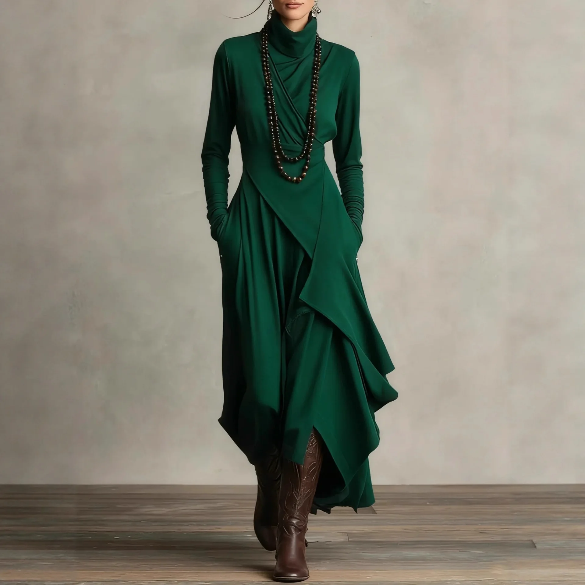 

Irregular Dress Solid Color Long Sleeve Spring Autumn Women's New Cross High Neck Long Dress Vestidos Boho Dress Women Clothing