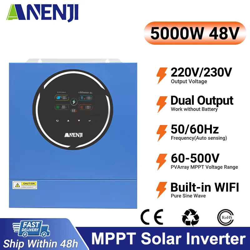 5KW 48V Solar Inverter Hybrid Built-in MPPT Dual Output Pure Sine Wave 50/60Hz 220V/230Vac Built-in WIFI
