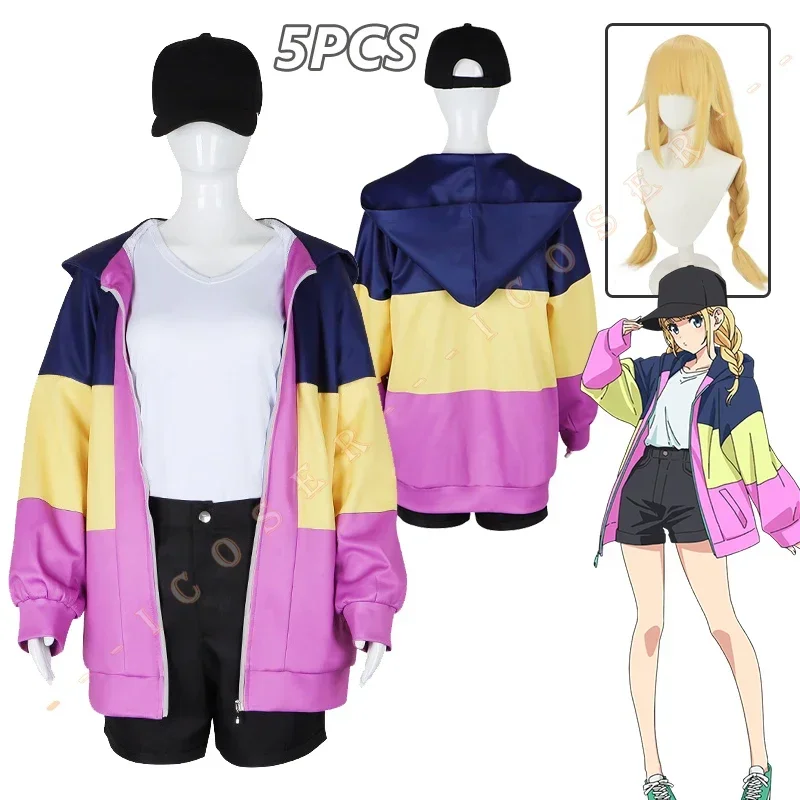 Anime Paripi Koumei Tsukimi Eiko Cosplay Costume Hooded Jacket Blonde Wig Hat Shirt Pants Girls Set Outfit Ya Boy Kongming Wom U