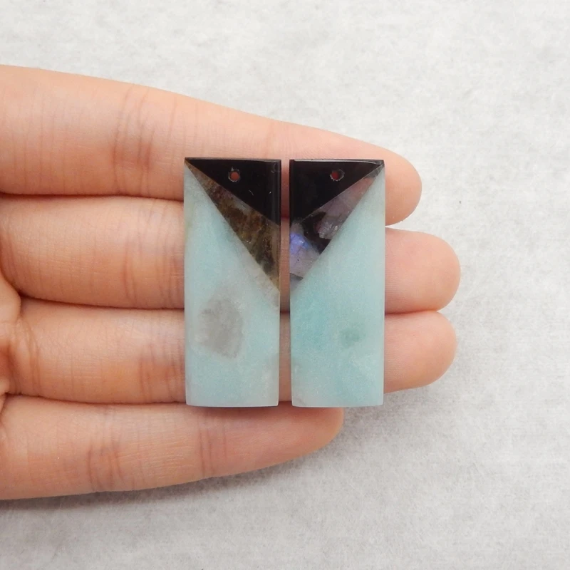 

Natural Stone Intarsia Earrings for Women, Amazonite Obsidian, Labradorite Bead, B & F, 14x37x4mm, 8.5g, Fashion Jewelry