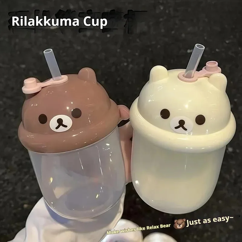 Kawaii Rilakkuma Plastic Straw Cup Cute Mini Water Cup Student DIY Sticker Large Capacity Plastic Milk Cup Tons Ton Cup Gift