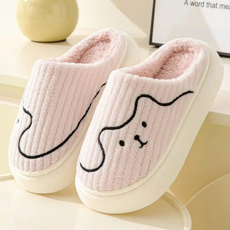 2024 New Women Cotton Slippers Cute Bear Pattern Thick Sole Warm Slides Soft Female Couple House Indoor Plush Flat Fluffy Shoes