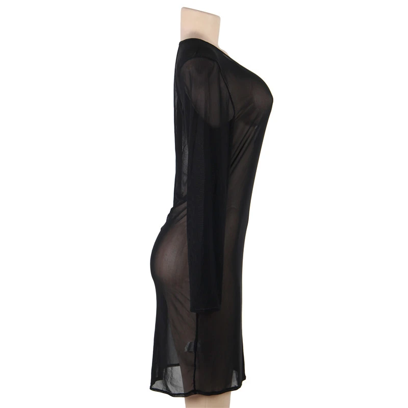 Ropa de talla grande para mujer, vestido de lencería de manga larga, vestido de noche sexy de malla, elástico, transparente, diseño fruncido, ceñido al cuerpo