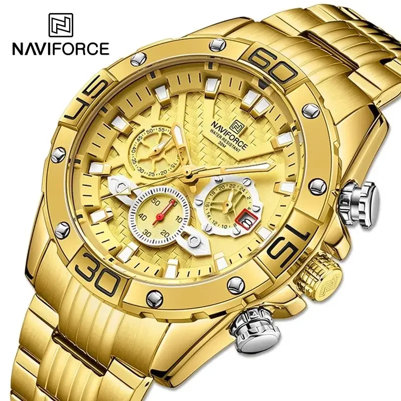 NAVIFORCE 2024  Men\'s Watches Luxury Gold Business Classic Quartz Clock Analog Chronograph Sport Waterproof Wristwatch