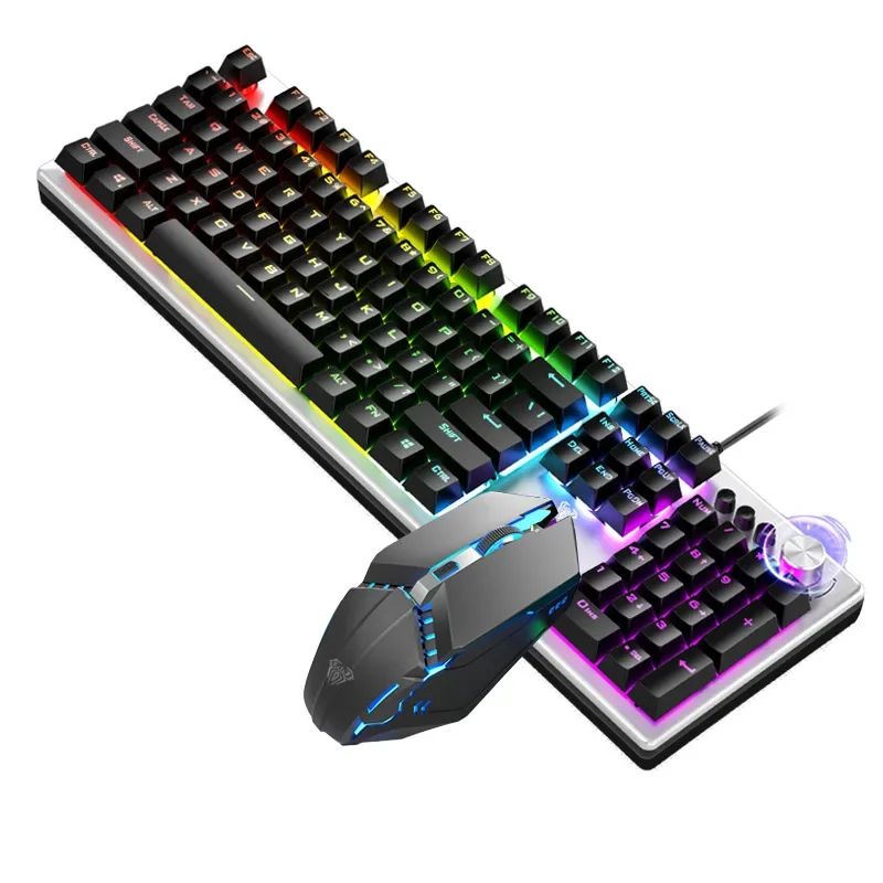 

T200 Wired Gaming Keyboard Mouse Combos 104 keys Multimedia Knob Mix Backlight Keyboard Gaming Set for Notebook Desktop