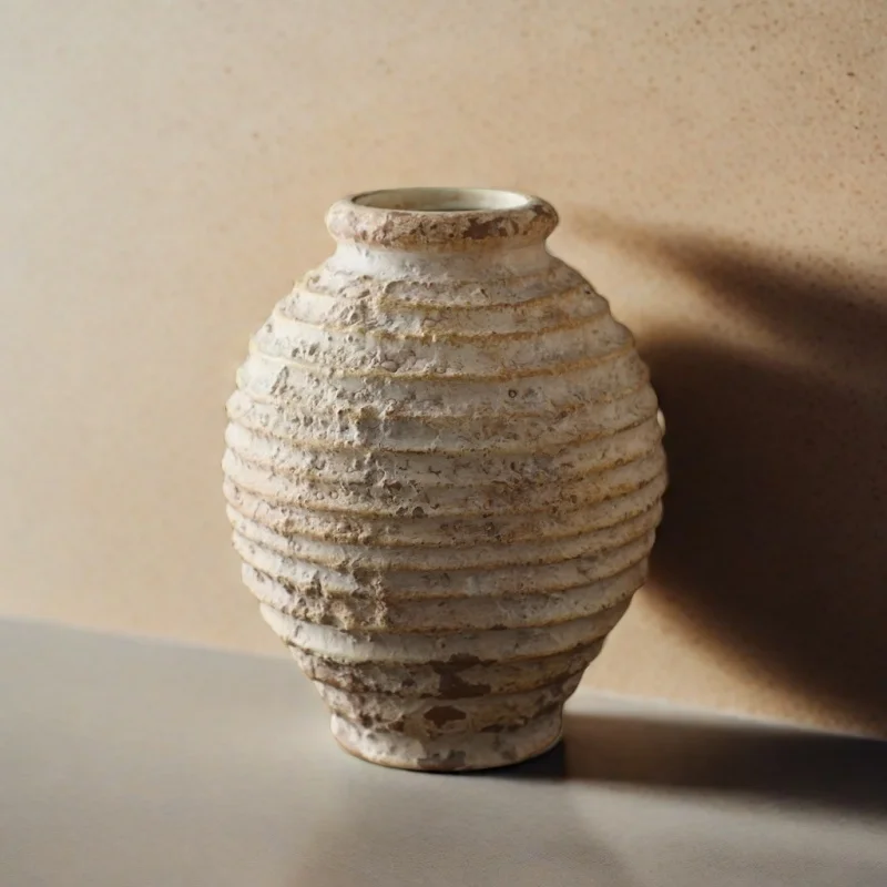 Rustic Vintage Ceramic Vase 16.5cm Round Farmhouse Home Decor, Handmade Distressed Flower Vase For Table Centerpiece, Country St