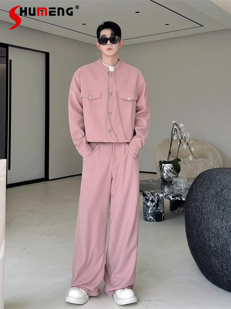 

2025 мужские осенние новые высококачественные комплекты мужских костюмов из 2 предметов с воротником-стойкой, мужские модные широкие брюки, однотонные красивые комплекты из двух предметов