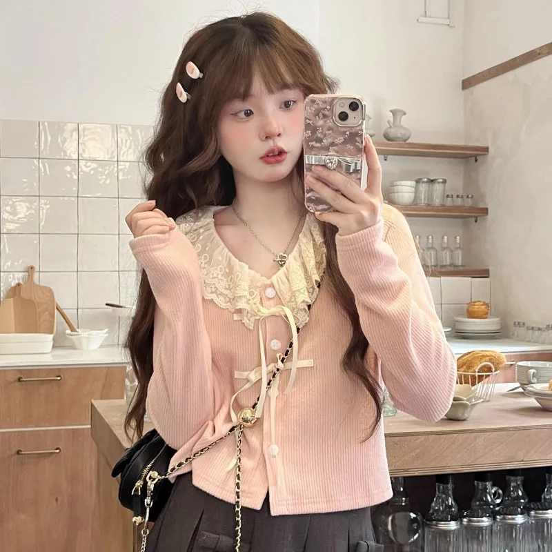 Deeptown Kawail Lace Up Knitted Cardigan Sweater Japanese Fashion Women\'s Aesthetic Knitwear Spring Cute Sweet Preppy Korean