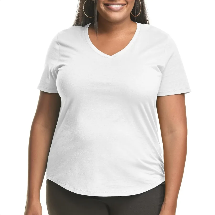 

Hanes Women's Just Plus Size Cotton Jersey TShirt Short Sleeve VNeck Tee