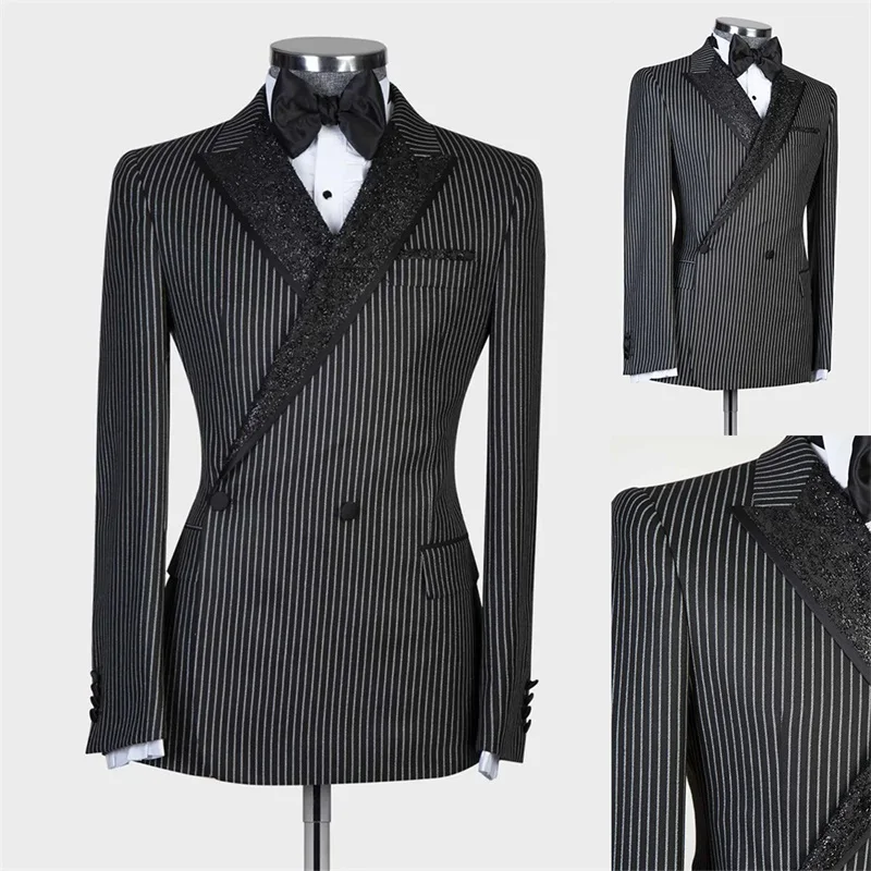 

1 Pcs Stripe Men Suit Blazer Custom Made Groom Tuxedos Bling Sequins Lapel Modern Formal Double Breasted Prom Party Jacket