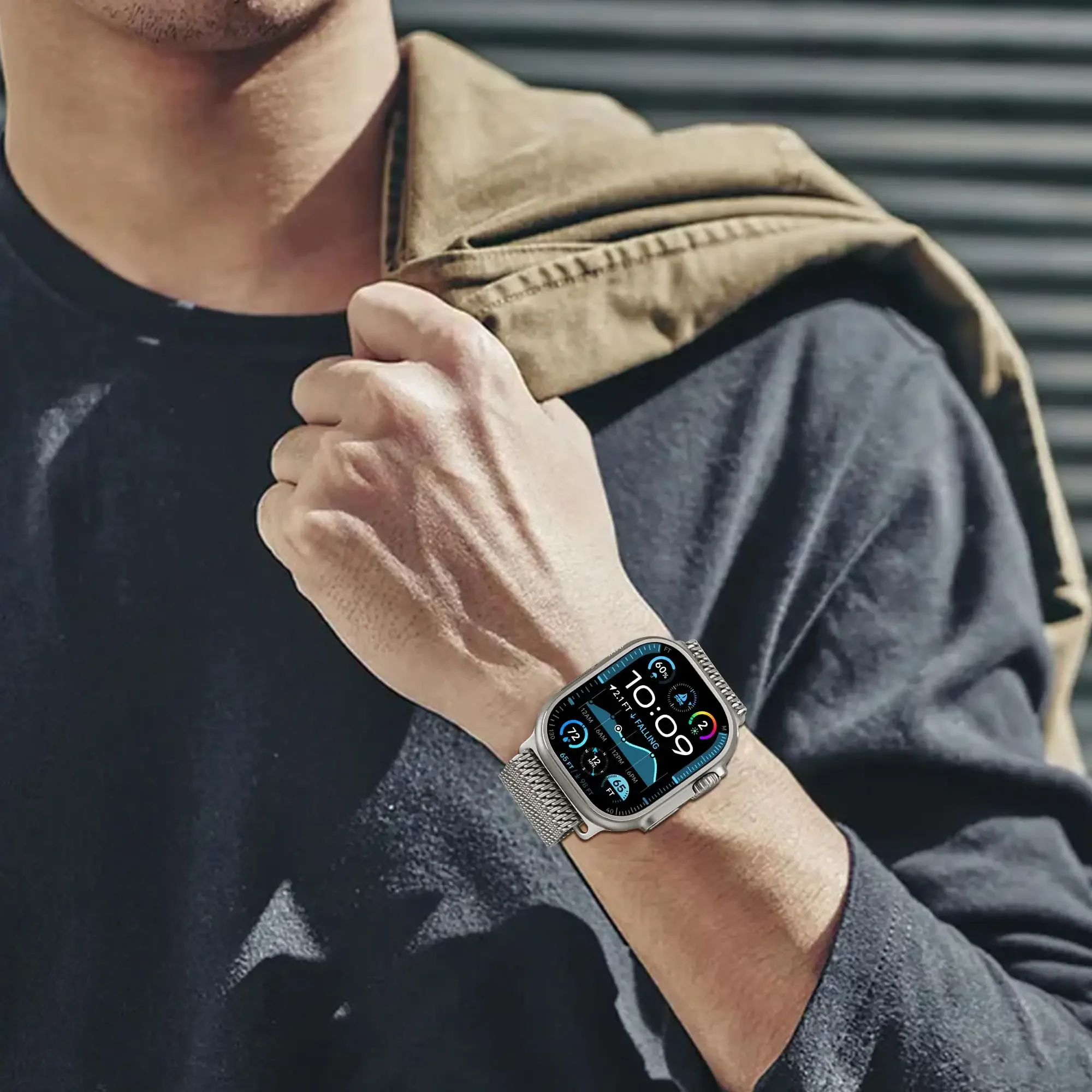 Titanium Band for Apple Watch Ultra 2 49mm 44 45 46mm 40 41 Series 10 9 8 7 Natural Milanese Loop IWatch Secure Parachute Buckle