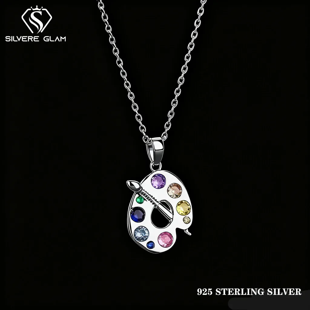 

TY 925 Sterling Silver Necklace For Women Men Creative Palette Multicolor Cubic Zirconia Necklace Minimalist Fine Jewelry Gift
