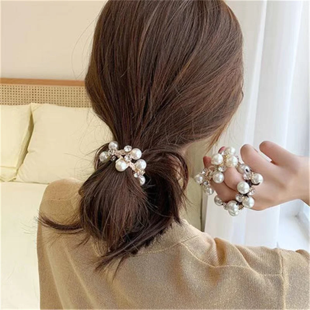 Fashion Pearl Crystal Black Hair Ties For Women Girls Summer No Slipping Elastic Beaded Ponytail Holders Hair Ropes Scrunchies