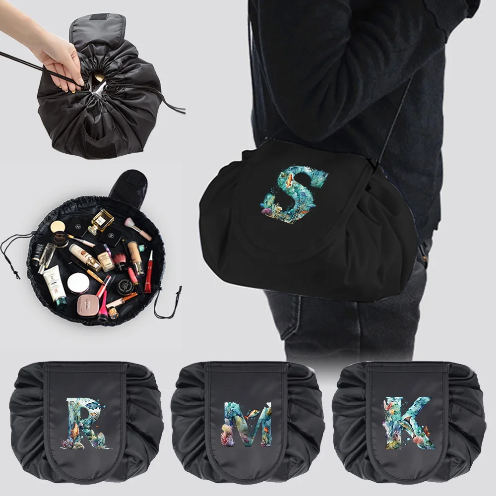 

Lazy Makeup Bag Black Portable Women's Drawstring Closure Beauty Case Makeup Storage Bag Fish Letter Pattern Series