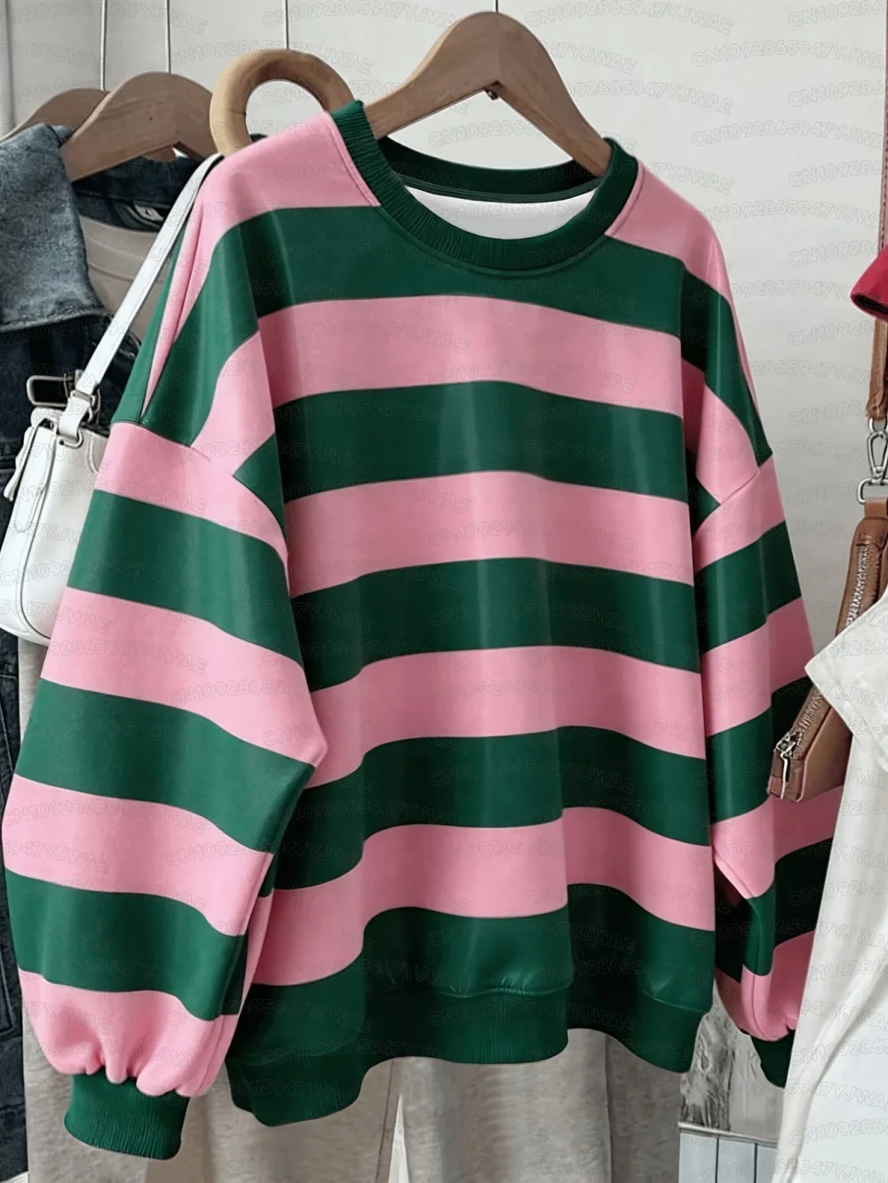 Women's Casual Pullover Sweatshirt Pink And Green Colorful Striped Pattern Korean Style Fashion Autumn Winter Pullovers