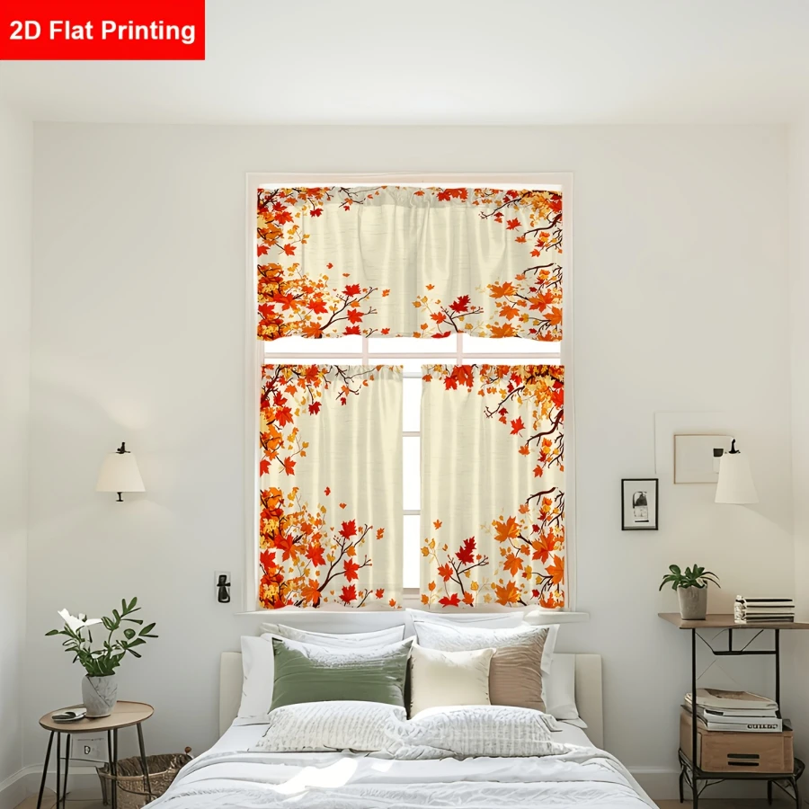 3-teiliges Küchenvorhang-Set mit Herbstblättermuster, Lebendige Herbstlaub-Fensterdekoration für Küche, Bad, Café und Heimdekoration – Detail 8