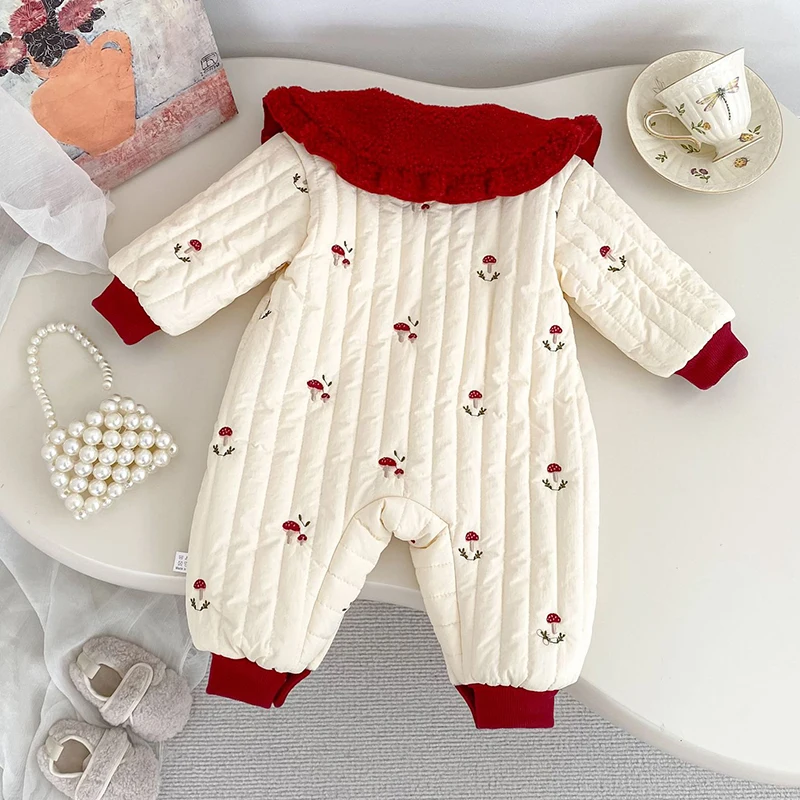 2025 New Winter 0-24M Children Clothes Toddler Baby Girl Thicken Warm Romper Long Sleeved Print Infant Baby Girls Jumpsuit