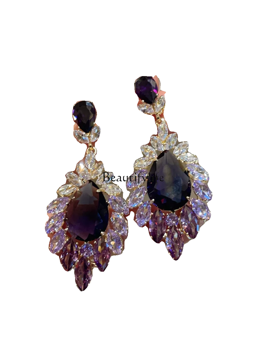 

European and American fashion zircon gradual change purple water drop earrings super flash earrings