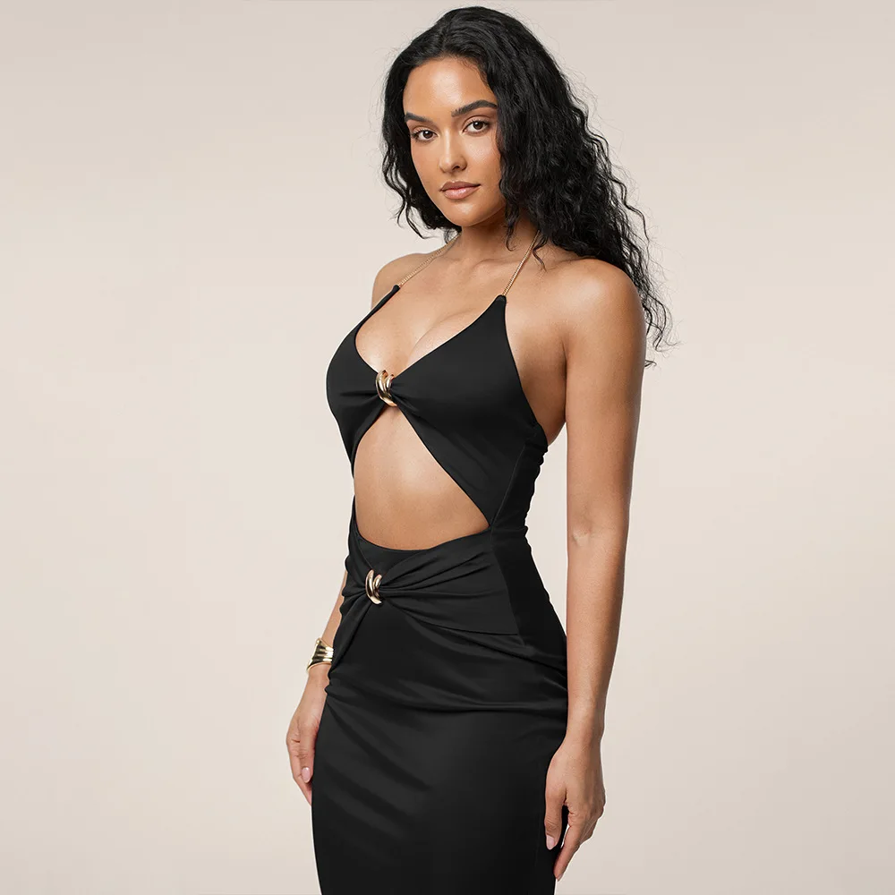 EINY Chic Elegant Cutout Off-shoulder Sexy Maxi Dress Women Fashion Strapless Sleeveless Backless Bodycon Club Party Long Dress